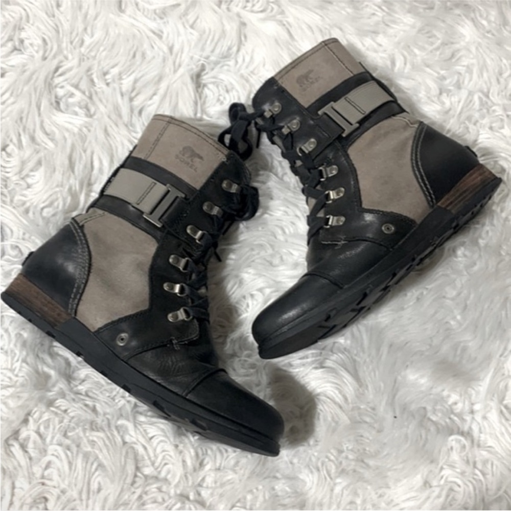 SOREL Major Carly Combat Boots Lace Up Zip Leather Canvas Black Gray Moto Sz 10